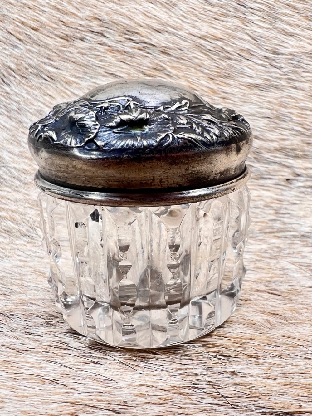 Antique Gorham Sterling Silver Crystal Vanity Jar Floral Repousse